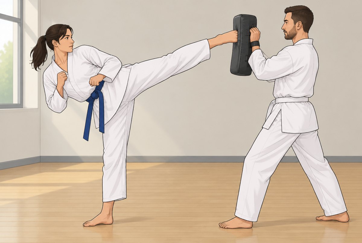 A student swinging a turning kick round into a pad held at head height.