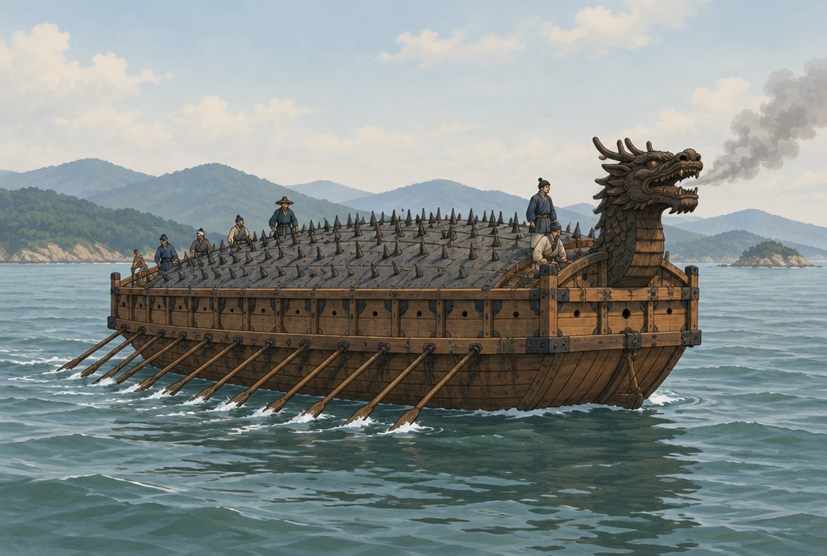 A Korean armoured turtle ship with a dragon head and spiked roof on a calm sea.