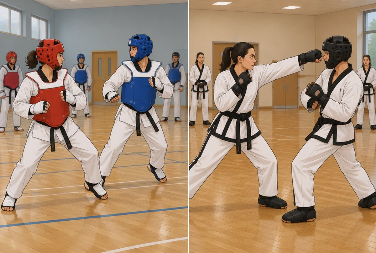 Two halls side by side: one class sparring in body protectors, the other in gloves and foot pads.